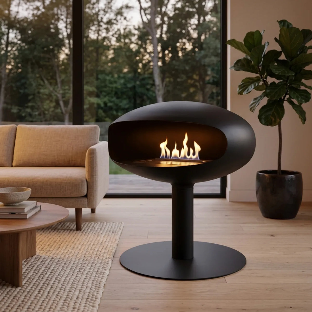 THE ICONIC Pedestal black bioethanol fireplace with a lit flame in a modern living room with a sofa, coffee table and a garden view.