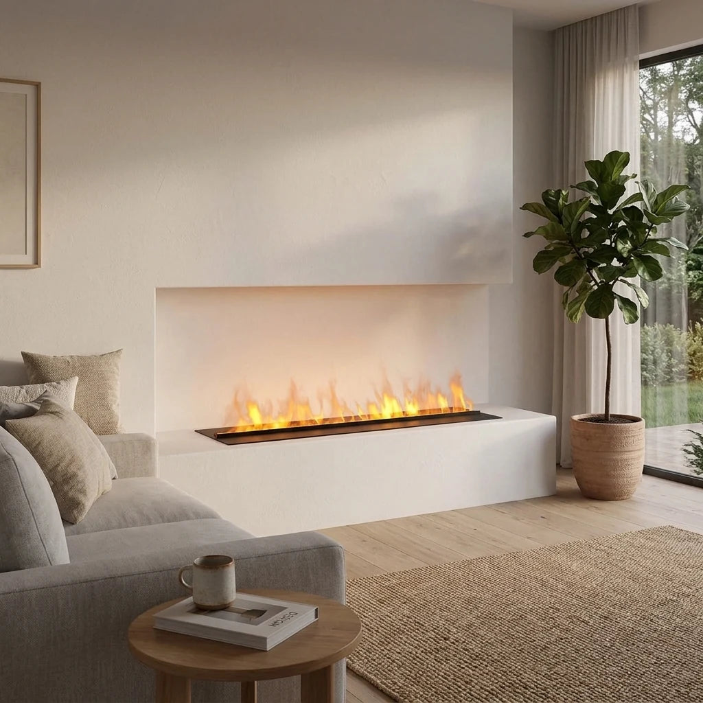 Dimplex Opti-myst Cassette 1000 water vapour fireplace built into a white plastered niche in a bright living room with a grey sofa, round coffee table and plant