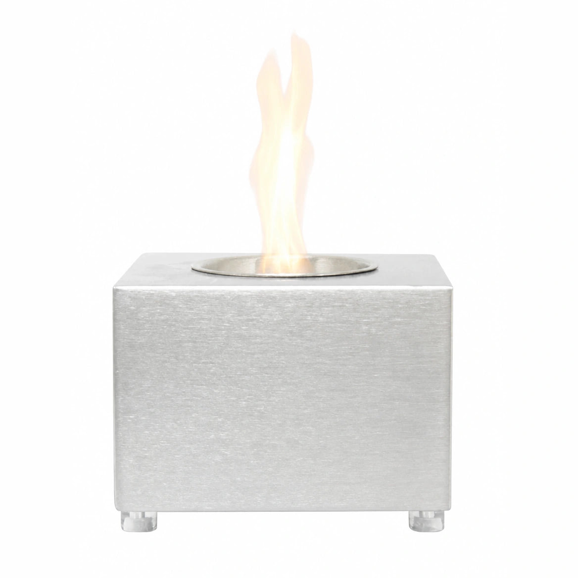 Cube tabletop bioethanol fireplace in stainless steel with lit flame, front view showing the feet