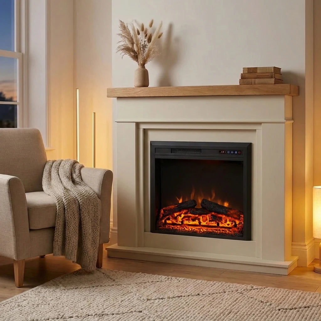 Pyrope 65 cm electric fireplace insert with realistic flames in a cream mantel surround in a Scandinavian living room