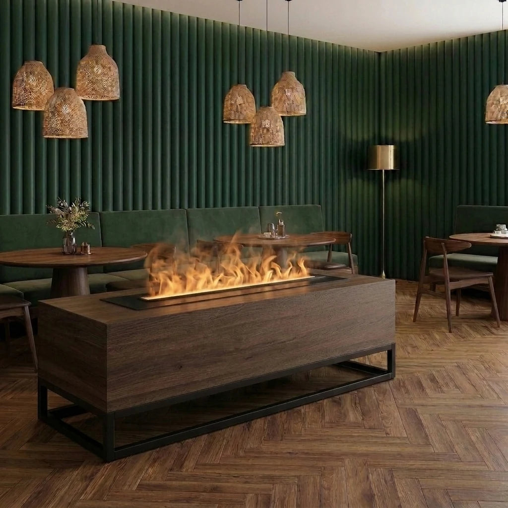 Dimplex Opti-myst Cassette 1000 Projects built into a smoked-oak plinth in an upscale restaurant lounge with green fluted walls and warm orange water vapour flames