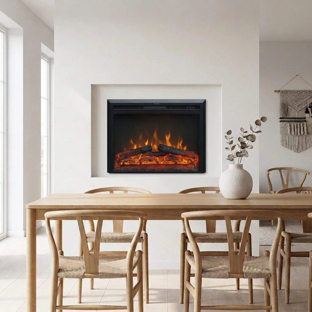 Pyrope 77 cm electric fireplace insert with realistic flames in a white wall niche in a bright Scandinavian dining room