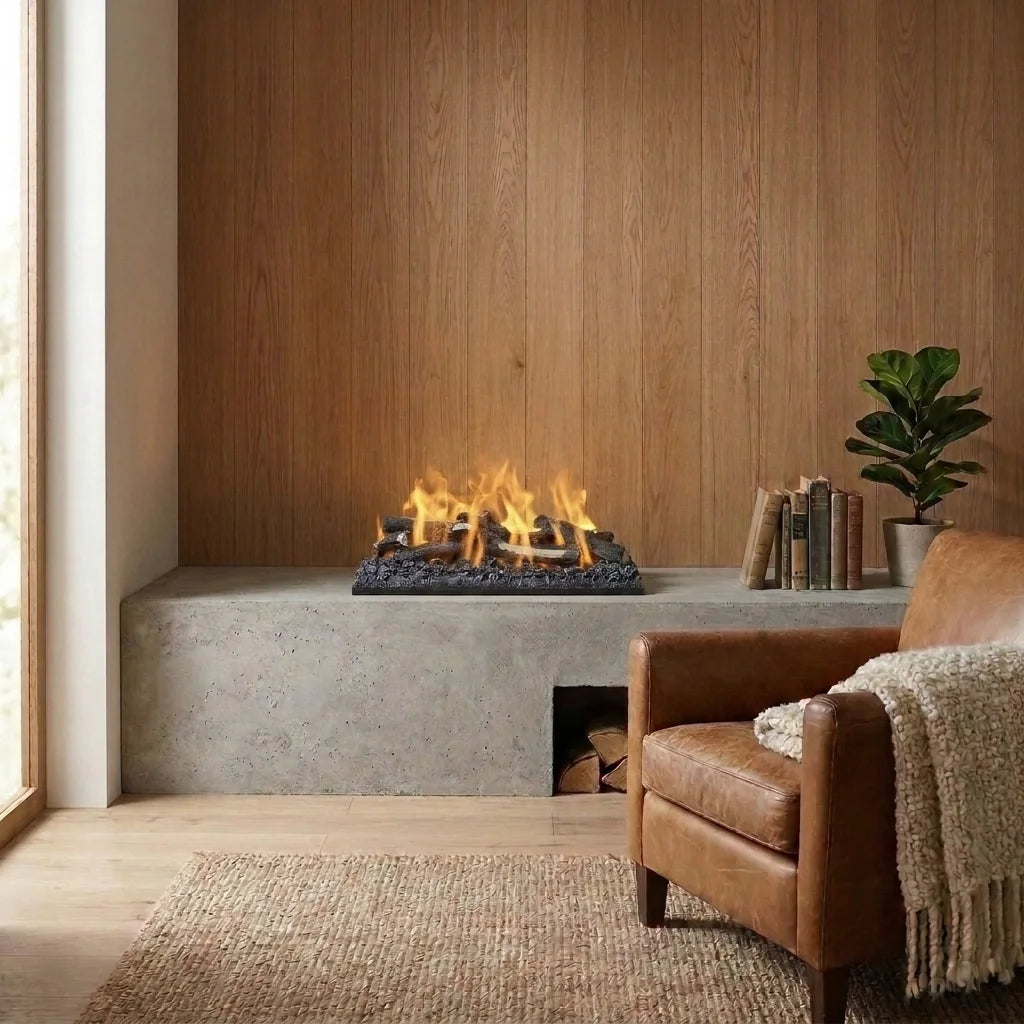 Dimplex Optimyst Cassette 500 Retail built into a concrete bench with decorative logs, in a cabin-style living room with oak wall panelling