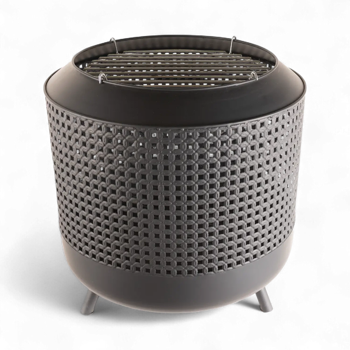 Midland fire basket with grill rack, designed for outdoor heating and cooking with a stylish design