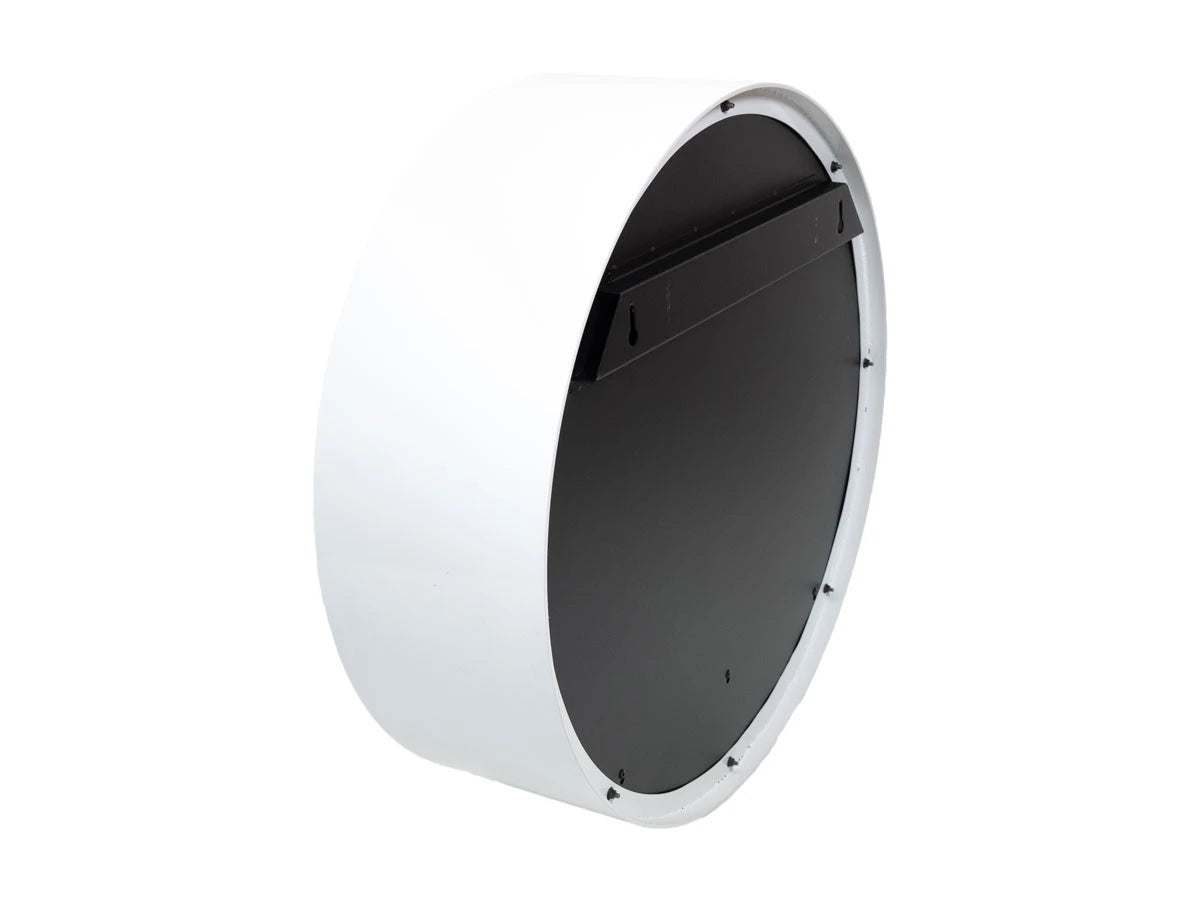 Delaware white round bio fireplace, angled interior view showing burner mounting rail, unlit