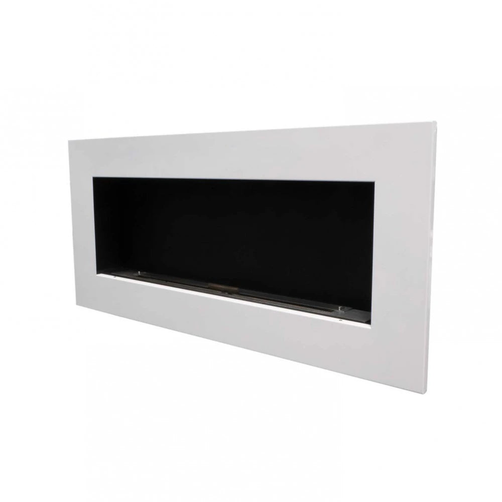 Murus 1200 glossy white bio fireplace, opposite angled view showing the slim 16.5 cm depth, unlit