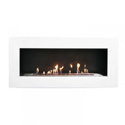 Murus 1200 glossy white bio fireplace, front view on white background, lit with a realistic flame