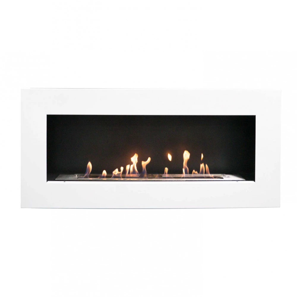 Murus 1200 glossy white bio fireplace, front view on white background, lit with a realistic flame