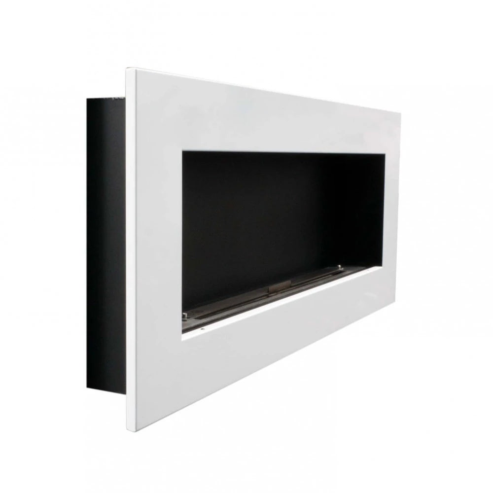 Murus 1200 glossy white bio fireplace, angled view showing the slim 16.5 cm depth, unlit