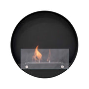 Delaware S black round bio fireplace, front view on white background, lit with a realistic flame