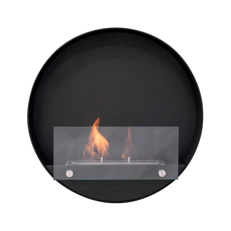 Delaware S black round bio fireplace, front view on white background, lit with a realistic flame
