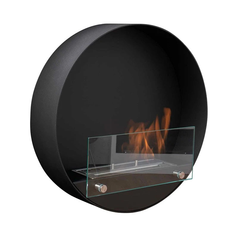Delaware S black round bio fireplace, angled view on white background, lit with a realistic flame