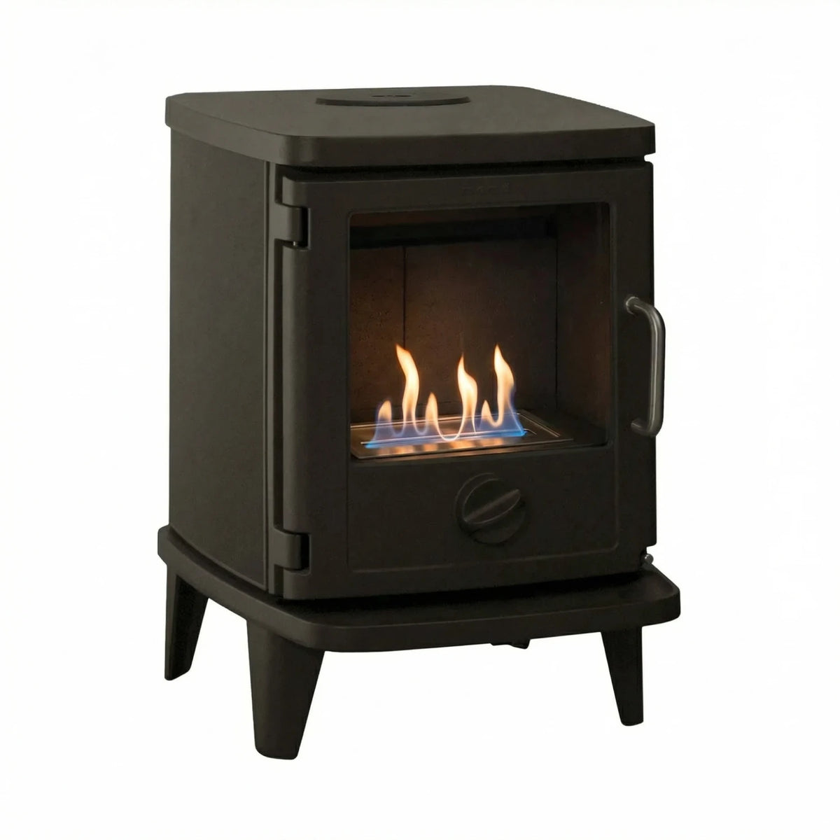 Morsø 3116 freestanding bioethanol fireplace in cast iron with ribbed sides and 150 mm legs
