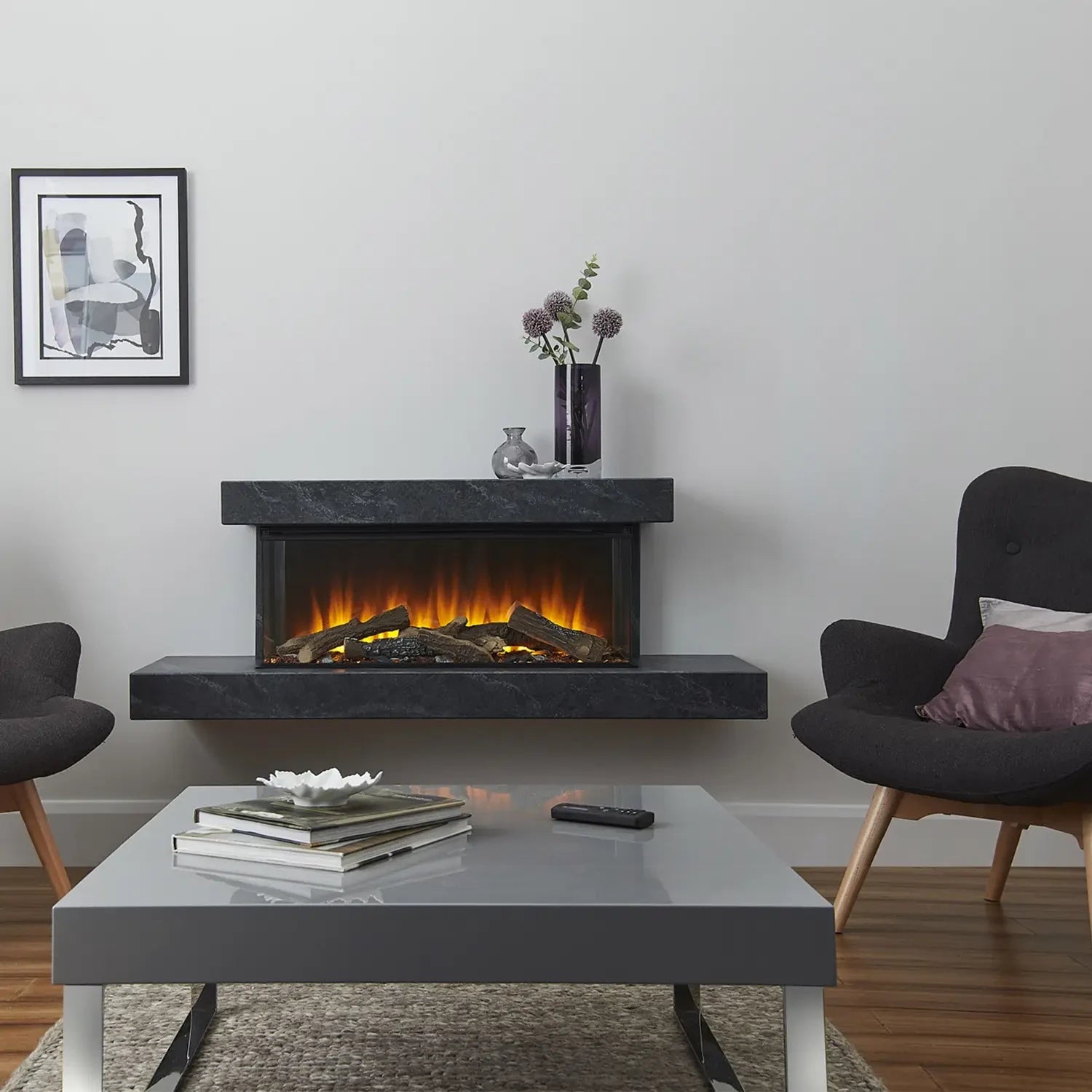 Brockenhurst 1200 Grey Marble wall-mounted electric fireplace suite with three-sided flame view