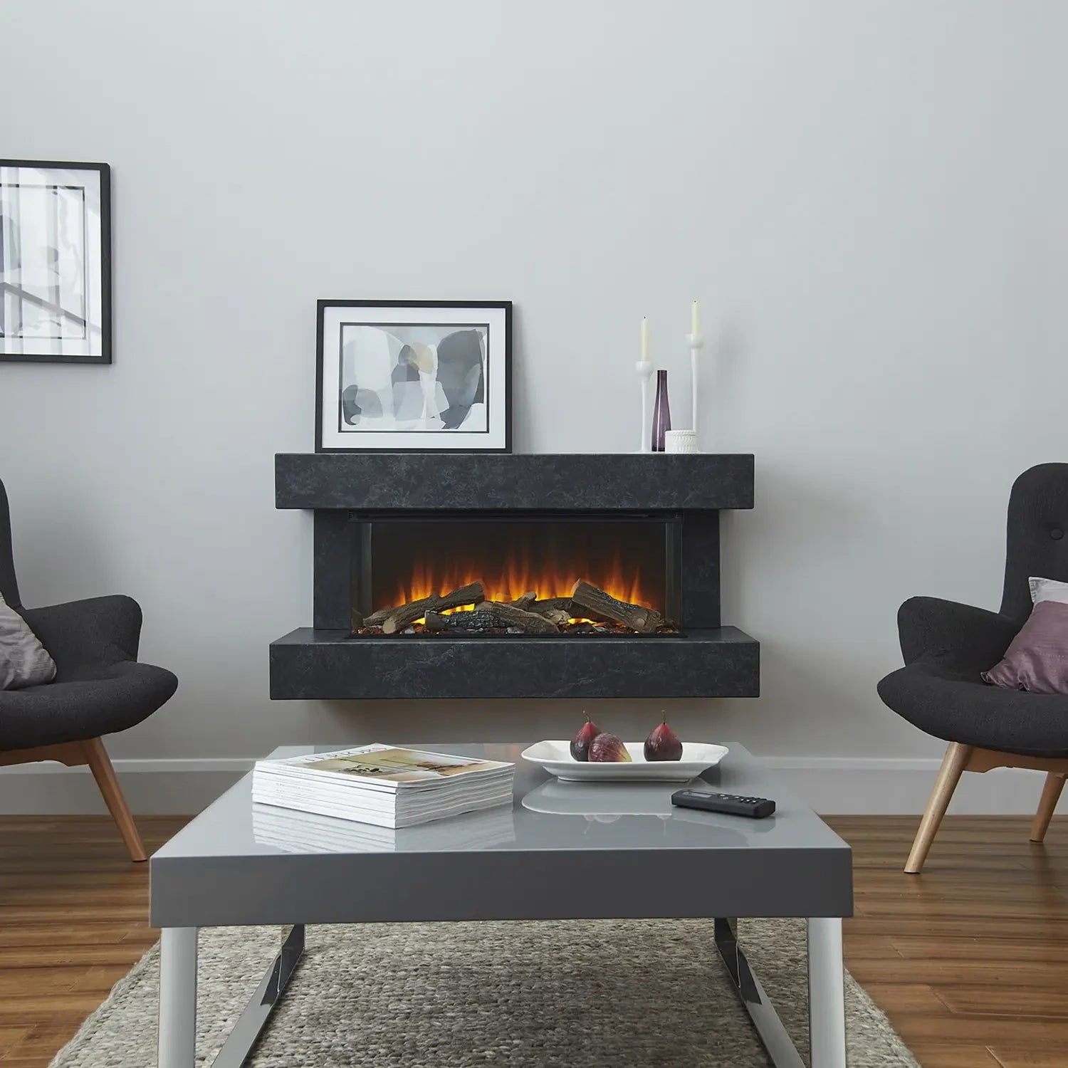 Winchester 870 Grey Marble wall-mounted electric fireplace suite with mantel and three-sided flame view
