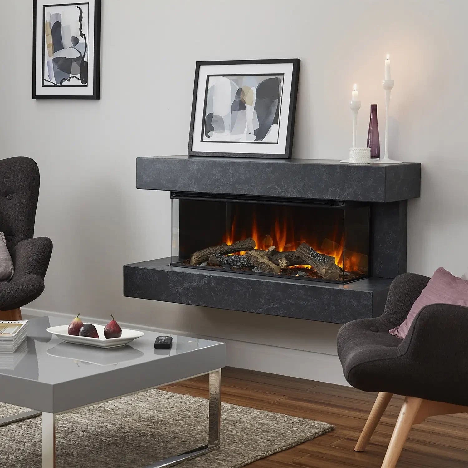 Winchester 1200 Grey Marble wall-mounted electric fireplace suite with mantel and three-sided flame view