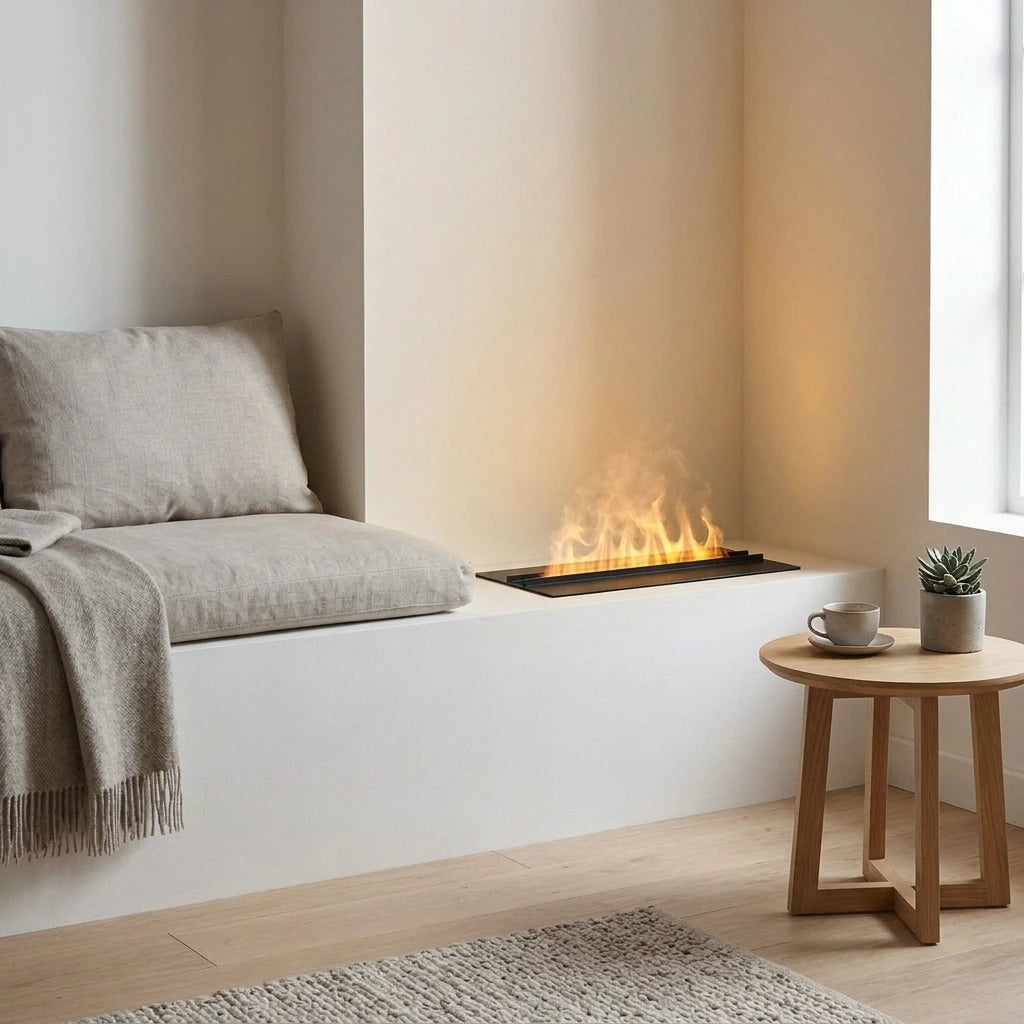 Small Dimplex Cassette 500 water vapour fireplace with warm orange flames built into a white window bench with a linen cushion and an oak side table