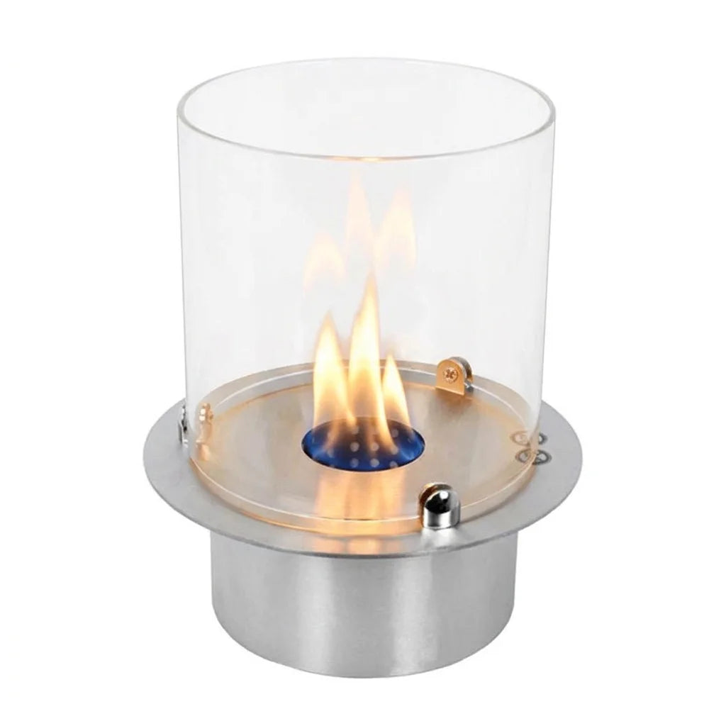 Round built-in bio fireplace with glass cylinder and stainless steel ring, lit flame on white background