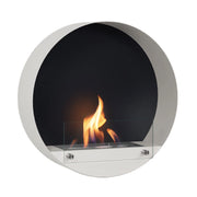 Delaware white round wall-mounted bioethanol fireplace, front view with lit flame on white background