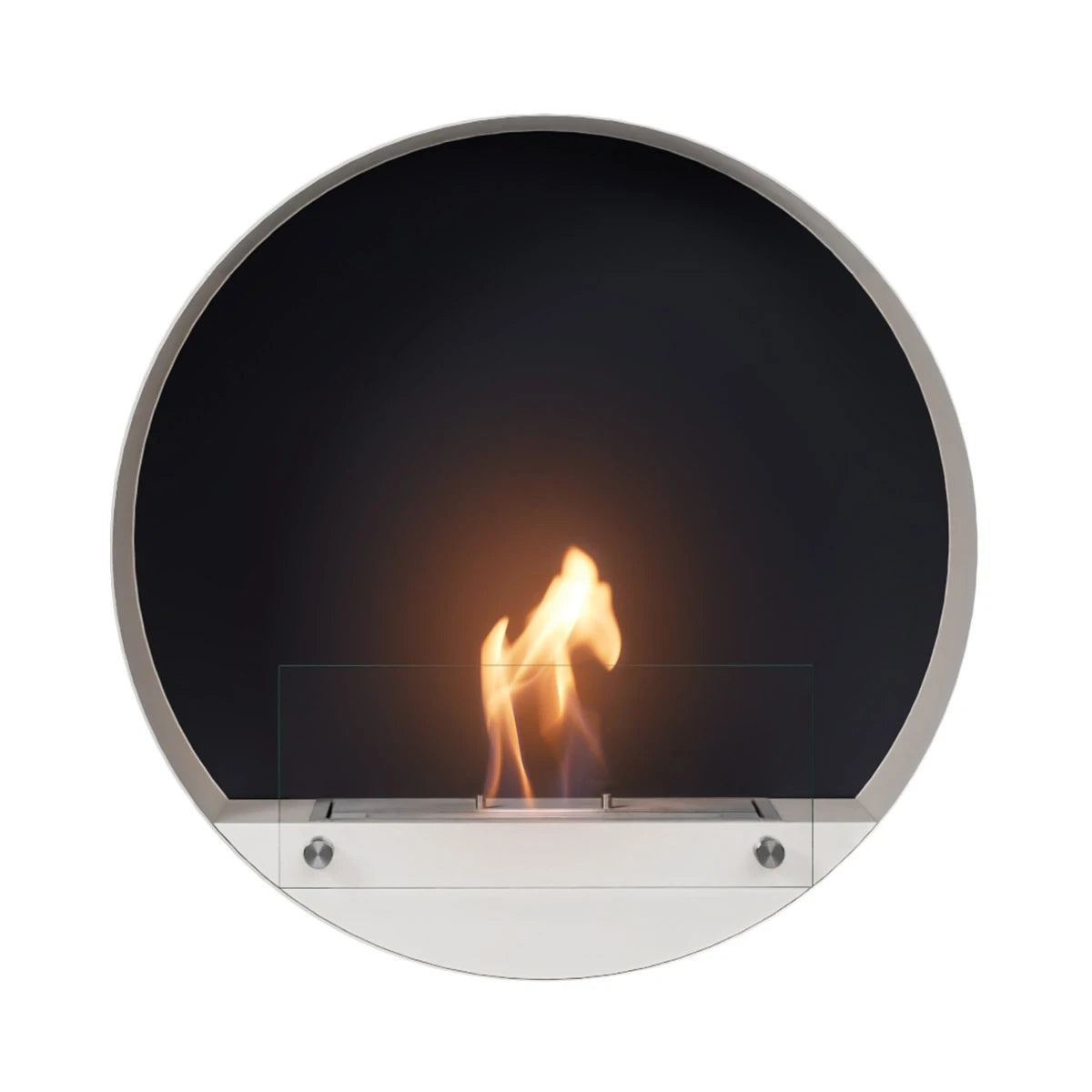 Delaware white round bio fireplace, front view with lit flame on white background
