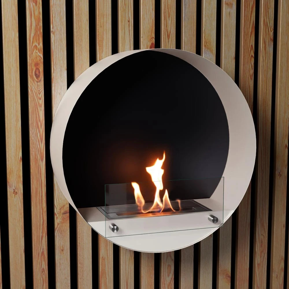 Delaware white round bio fireplace mounted on a light wood slatted wall, lit flame