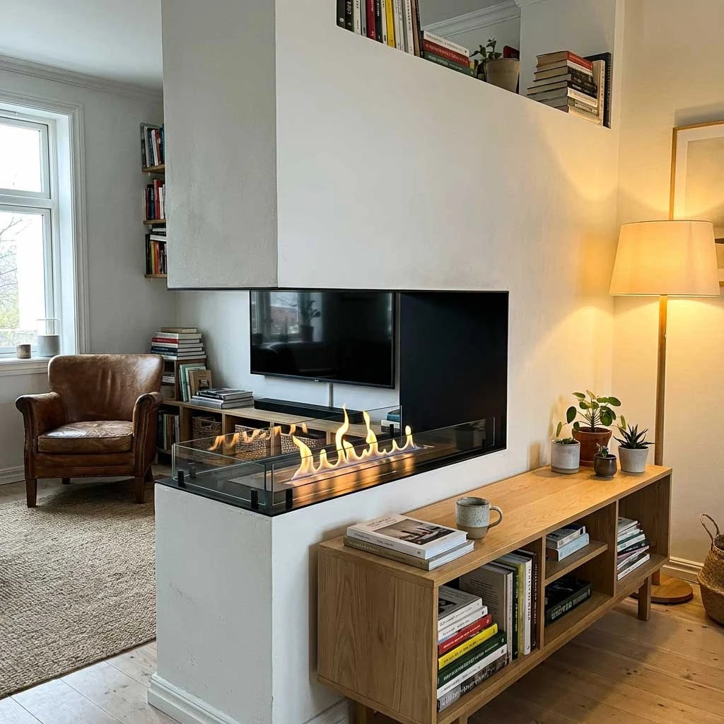 Foco Room Divider 1000 bioethanol fireplace with three-sided flame view.