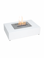 London tabletop bioethanol fireplace in white, lit with a realistic flame, studio hero view