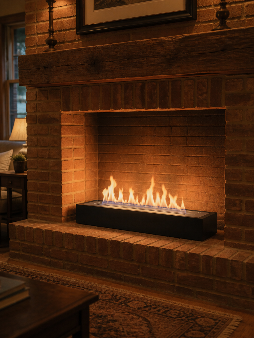 Bioethanol burner insert installed inside a large brick fireplace with wood mantel, lit with a realistic flame