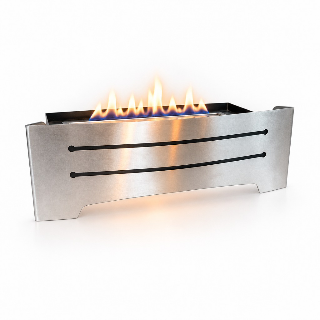 Bio ethanol fire basket insert with curved steel front, lit flame, studio view