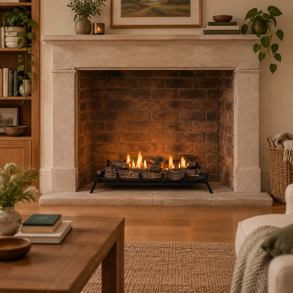 Grate XL 80 cm bioethanol fire grate with lit amber flame, retrofitted into a stone fireplace in a warm living room