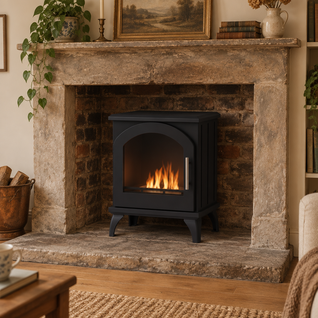 ScandiFlames Austin black bioethanol stove retrofitted into an old stone and brick fireplace hearth with the flue closed off