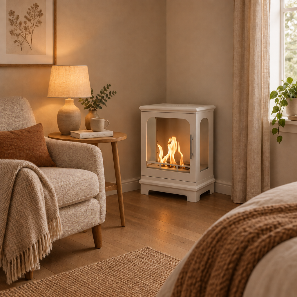 ScandiFlames Honolulu white bioethanol stove lit in the corner of a cozy reading nook with an armchair and lamp