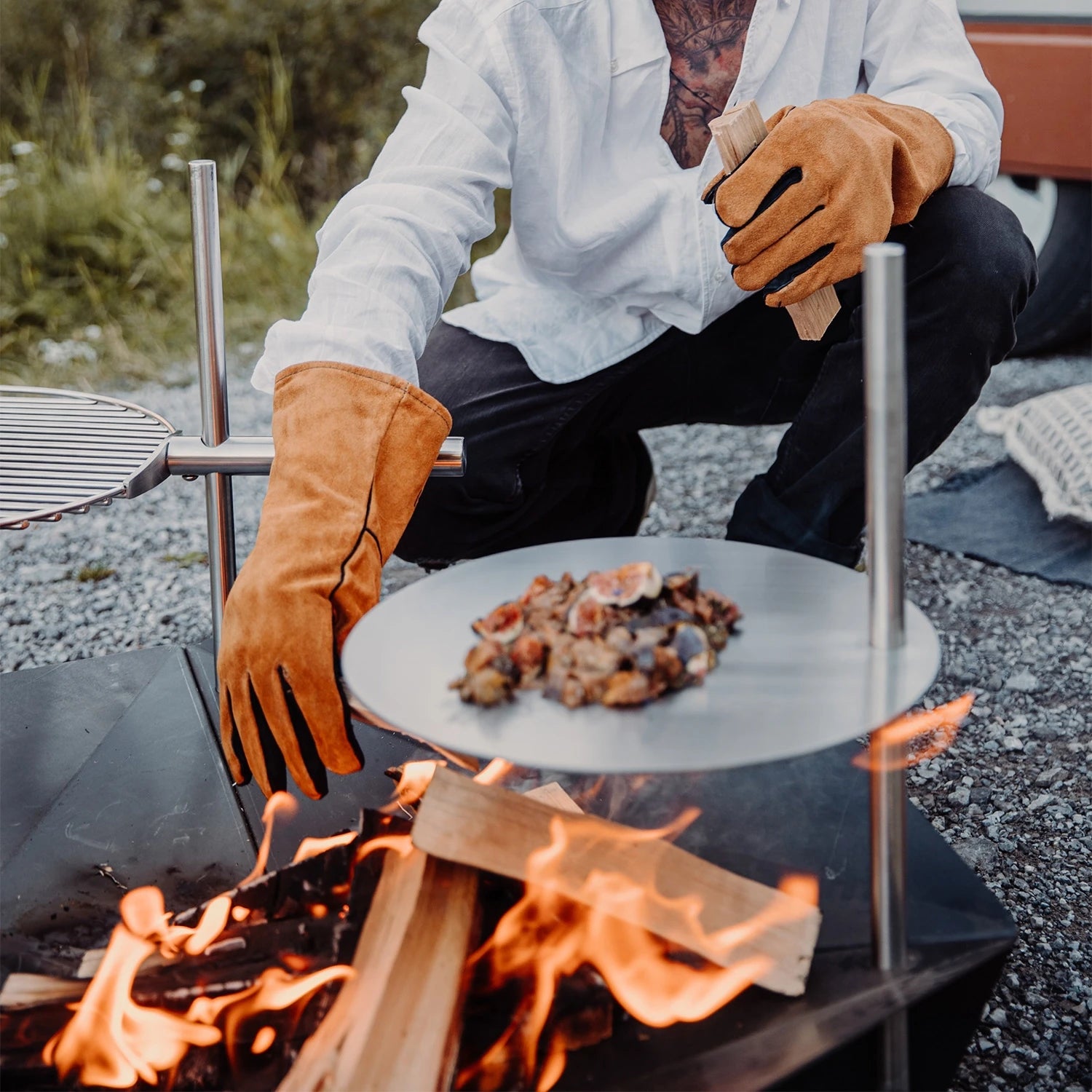 Höfats TRIPLE Table for grilling and cooking on TRIPLE fire pits.