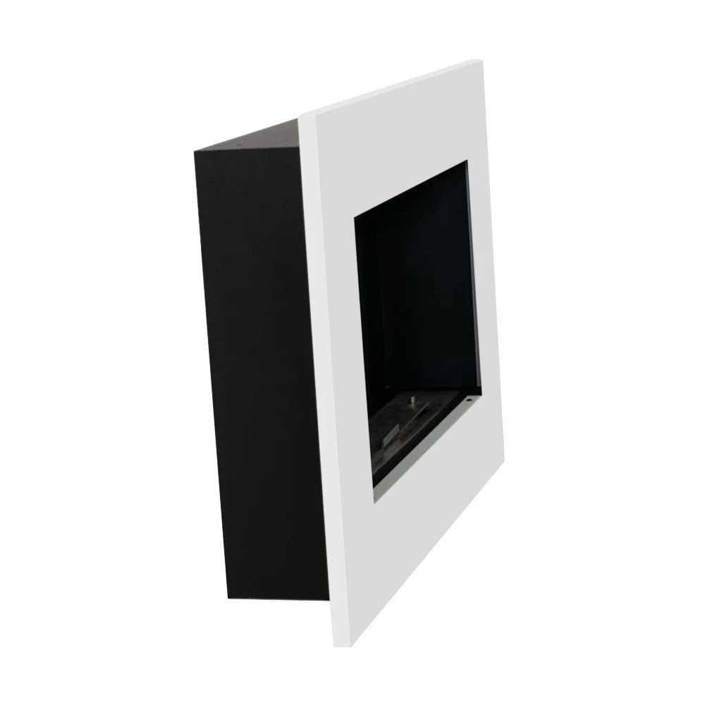 Murus 800 glossy white bio fireplace, angled view showing the slim 16.5 cm depth, unlit