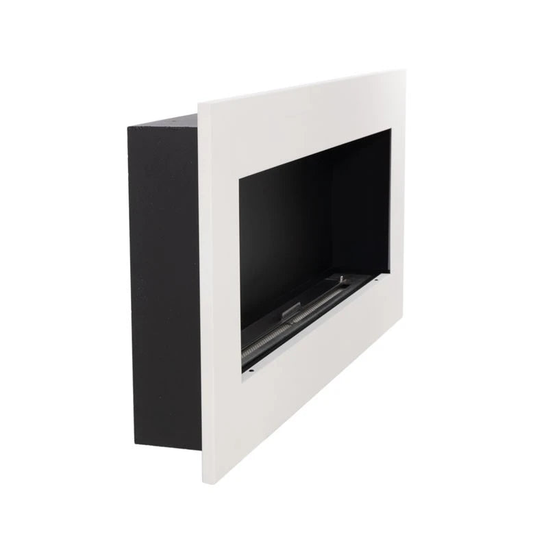 Murus 1200 matte white bio fireplace, angled view showing the slim 16.5 cm depth, unlit