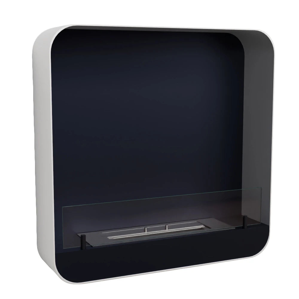 Ohio 60 White wall-mounted bio fireplace, unlit angled studio shot