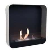 Ohio 60 White wall-mounted bio fireplace with lit flame, angled studio shot on white background