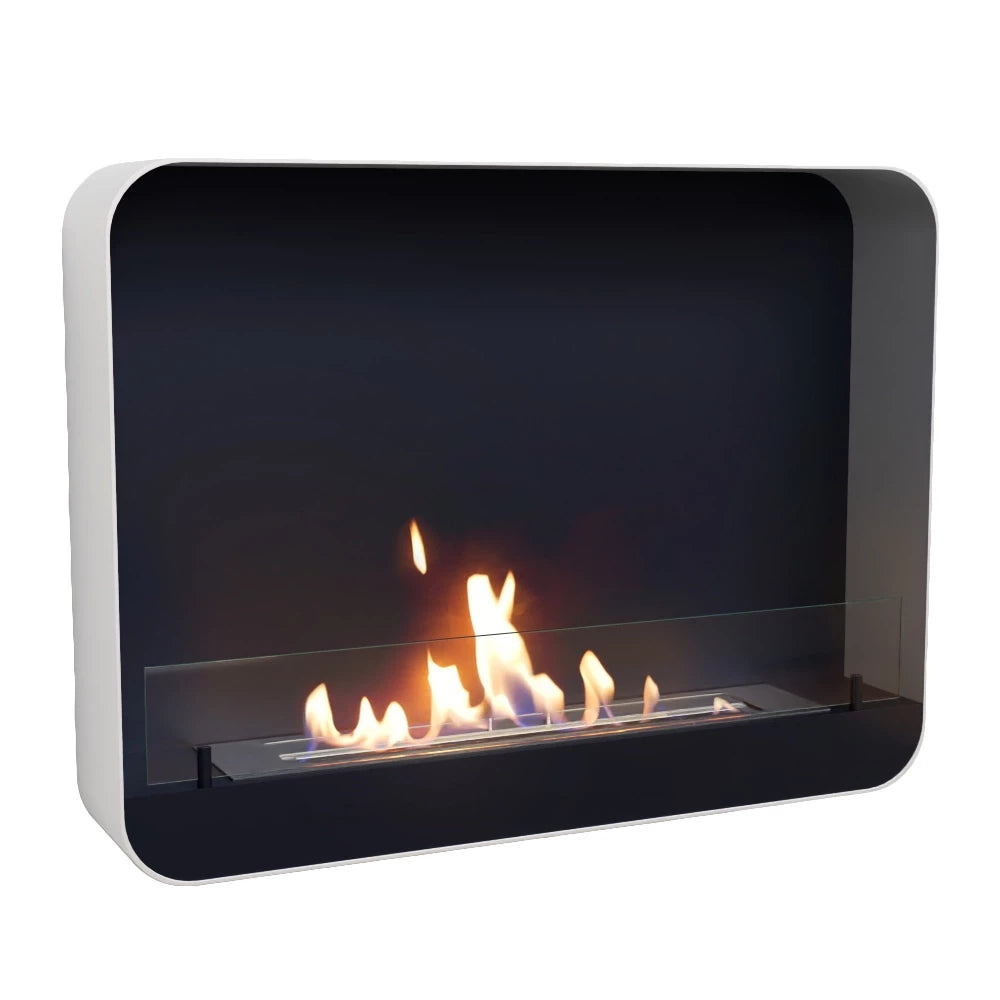 Ohio 80 White wall-mounted bio fireplace with lit flame, angled studio shot on white background