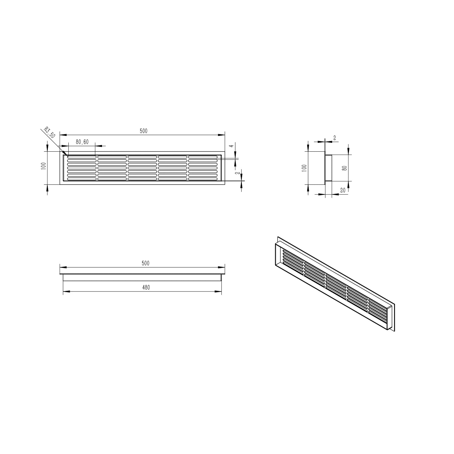 Ventilation grille White - 50x10 cm - 214 cm²