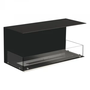 Foco Three 1000 bioethanol fireplace with a sleek black finish, offering a 3-sided view of the flames. Features remote, automati